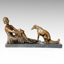 Classical Figure Statue Lady Dog Bronze Sculpture T PE-112